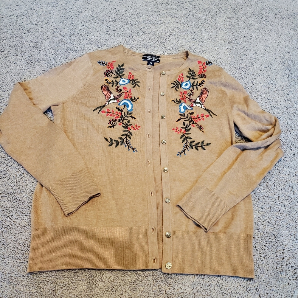 Land's End Embroidered Hummingbird And Floral Tan Cardigan Sweater Size Medium